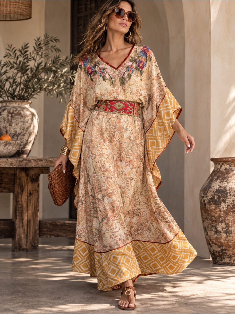 Soft Surroundings Embroidered Beaded Boho Maxi Caftan Dress Belt L XL India